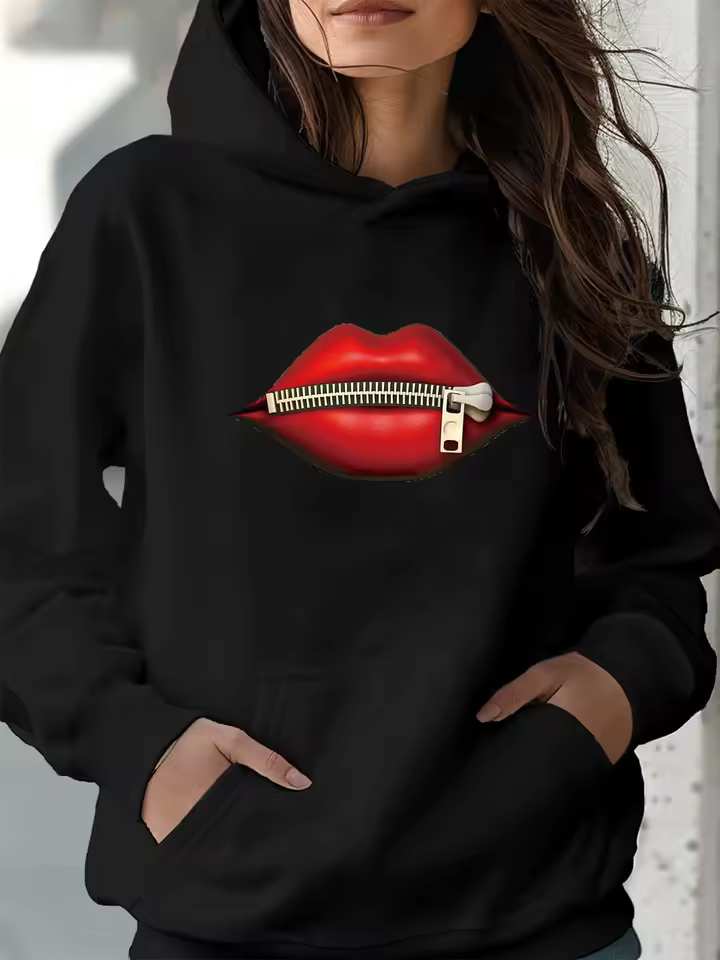 Women’s autumn and winter warm and loose casual lip print zipper pattern printed velvet long sleeved hooded sweatshirt