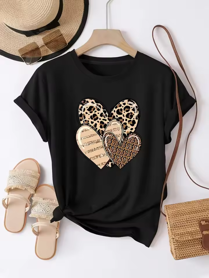 Cotton 100% Women Short Sleeve Valentine Heart Round
